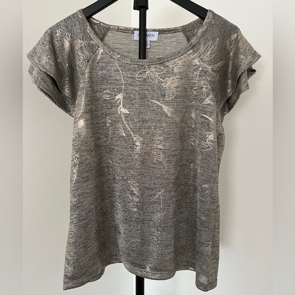 ✨ Carmen Marc Valvo Metallic Thread Floral Top | Semi-Sheer & Chic | Size L